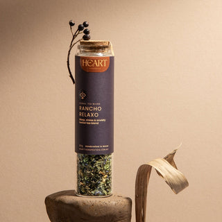 Rancho Relaxo loose leaf tea in a tall glass jar