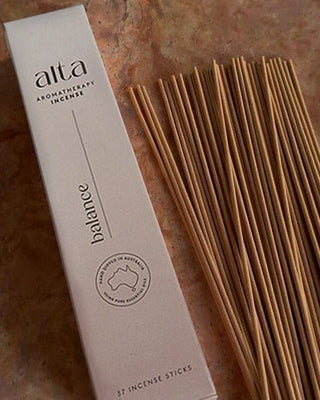 Close up of the Balance incense box and a bundle of sticks
