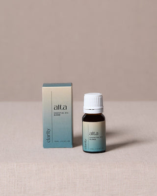 Clarity essential oil blend, a 10ml amber bottle beside its box