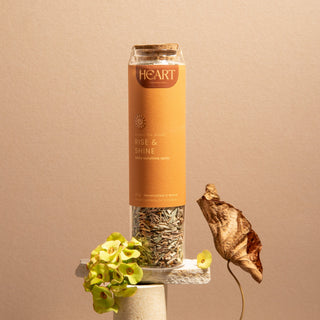 Rise & Shine loose leaf tea in a tall glass jar